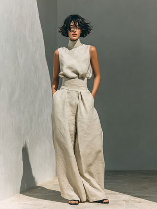 Maria | Ensemble débardeur minimaliste en coton et lin pour femmes et pantalon à jambes larges