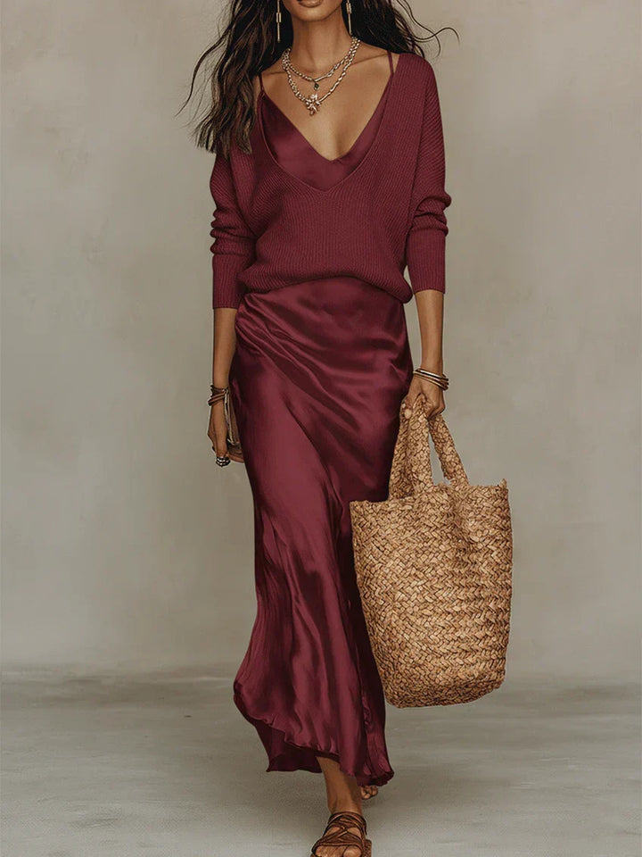 Elena – Robe midi satinée avec maille assortie