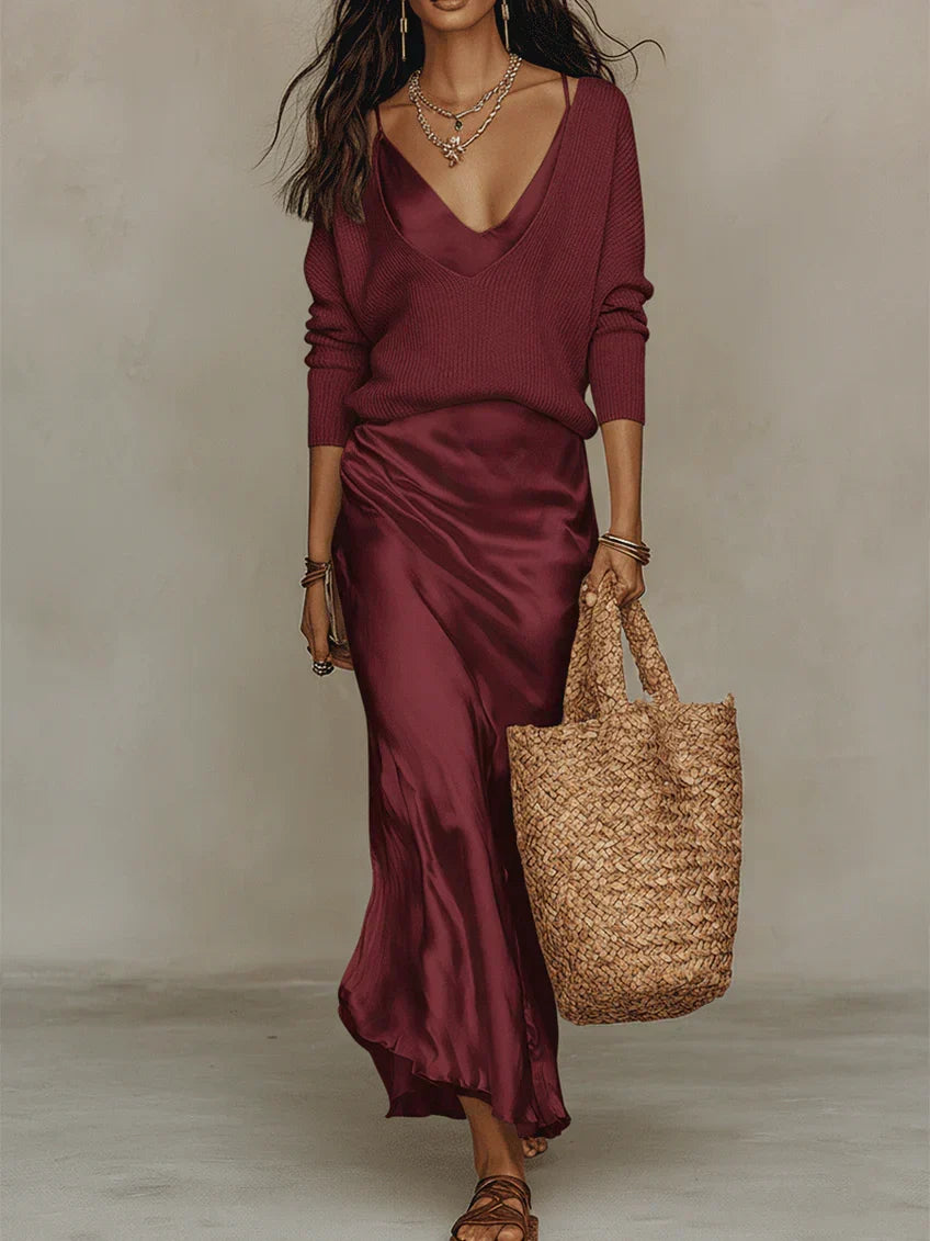 Solène | Robe Satinée & Ensemble en Maille