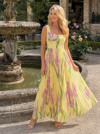 Robe Midi Sans Manches en Satin avec Décolleté Carré et Plis Élégants