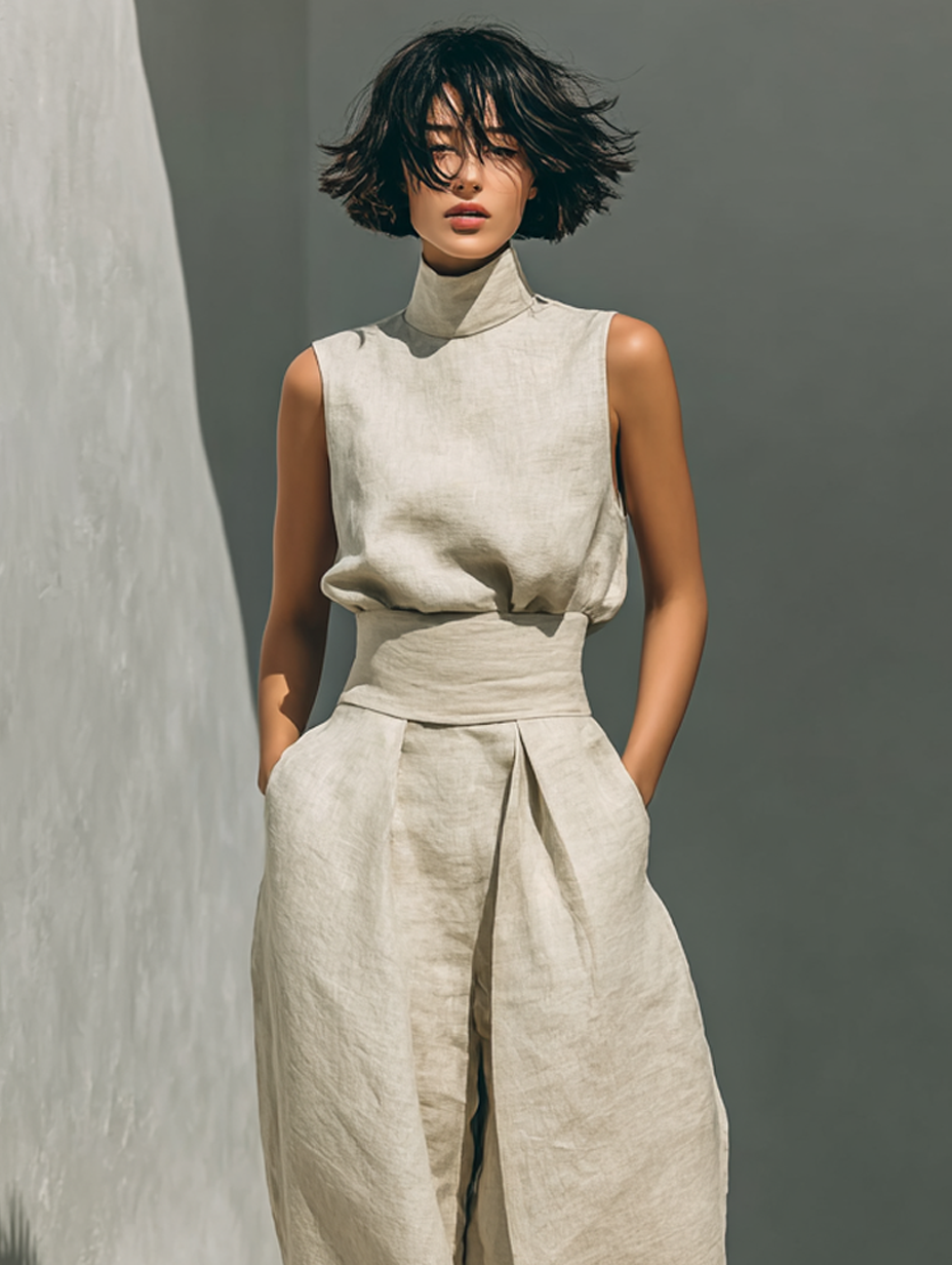 Maria | Ensemble débardeur minimaliste en coton et lin pour femmes et pantalon à jambes larges