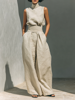 Maria | Ensemble débardeur minimaliste en coton et lin pour femmes et pantalon à jambes larges