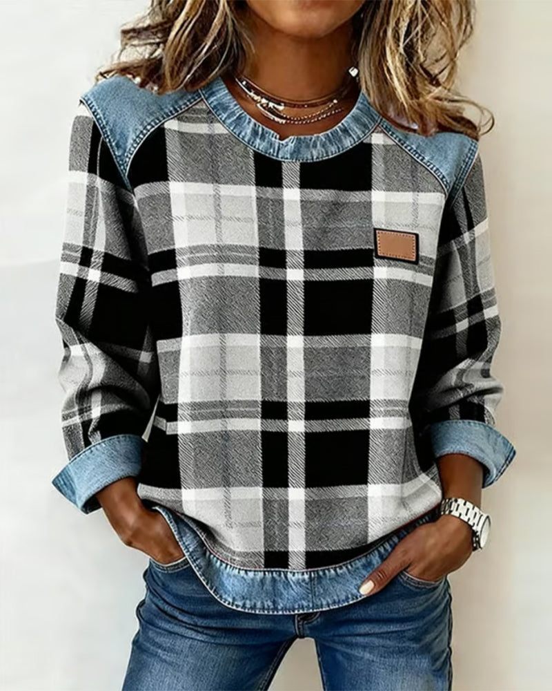 Arielle | Sweatshirt Femme en Denim à Patchwork Col Ronde