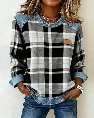 Arielle | Sweatshirt Femme en Denim à Patchwork Col Ronde