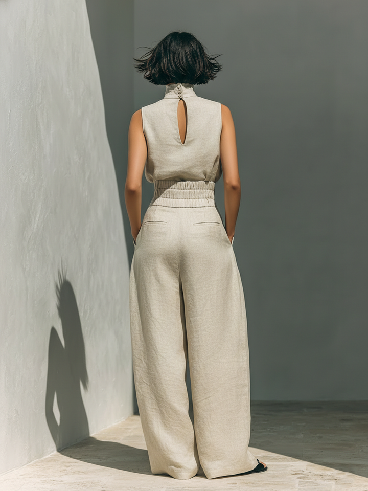 Maria | Ensemble débardeur minimaliste en coton et lin pour femmes et pantalon à jambes larges