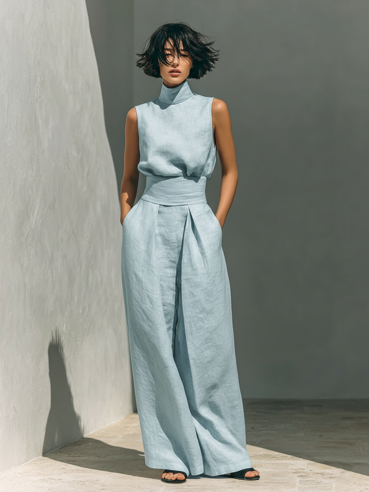 Maria | Ensemble débardeur minimaliste en coton et lin pour femmes et pantalon à jambes larges
