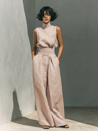Maria | Ensemble débardeur minimaliste en coton et lin pour femmes et pantalon à jambes larges
