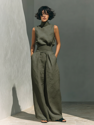 Maria | Ensemble débardeur minimaliste en coton et lin pour femmes et pantalon à jambes larges