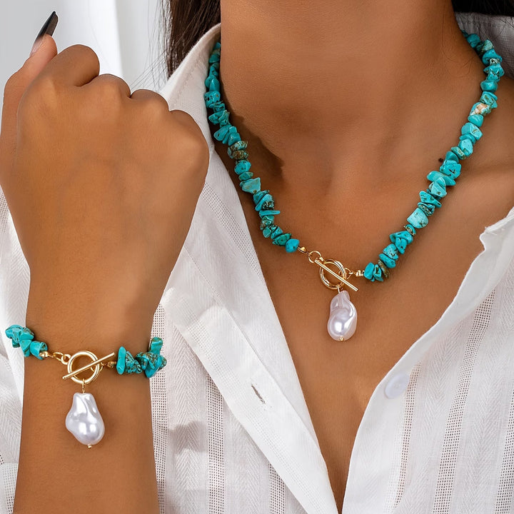 Ensemble Collier et Bracelet en Turquoise et Perles